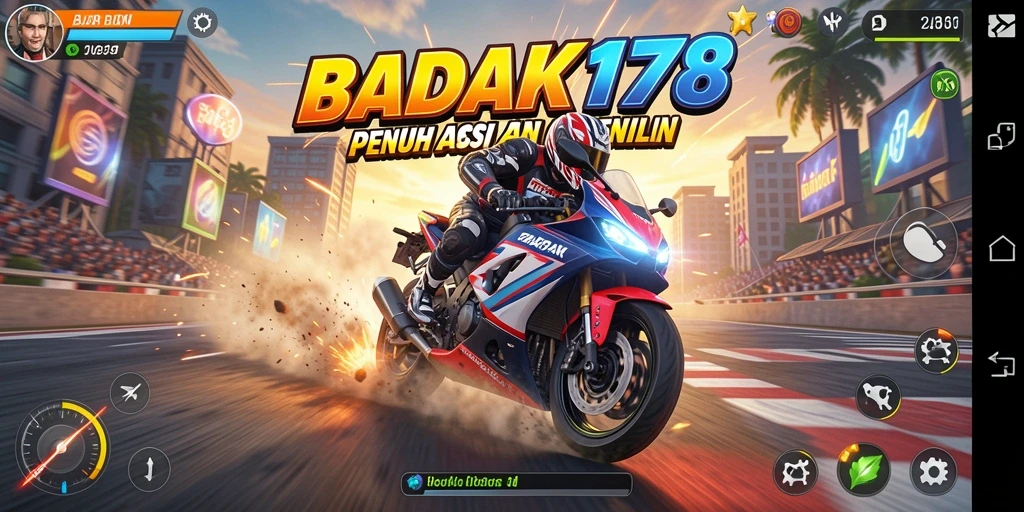 Gameplay BADAK178 menampilkan balapan motor yang mendebarkan dan penuh aksi.