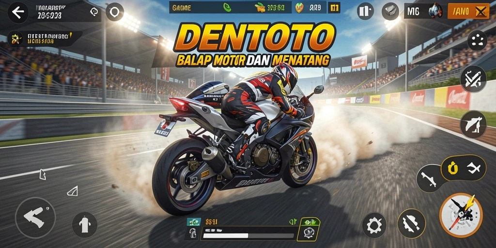 Gameplay DENTOTO yang memukau dengan balapan motor yang seru.