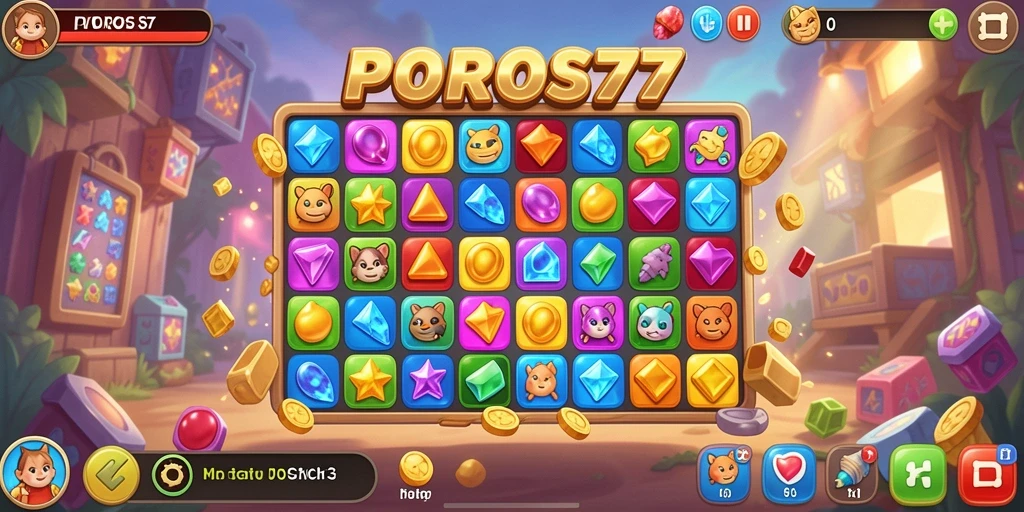 Screenshot gameplay POROS77 yang menampilkan aksi seru dalam permainan Match-3.